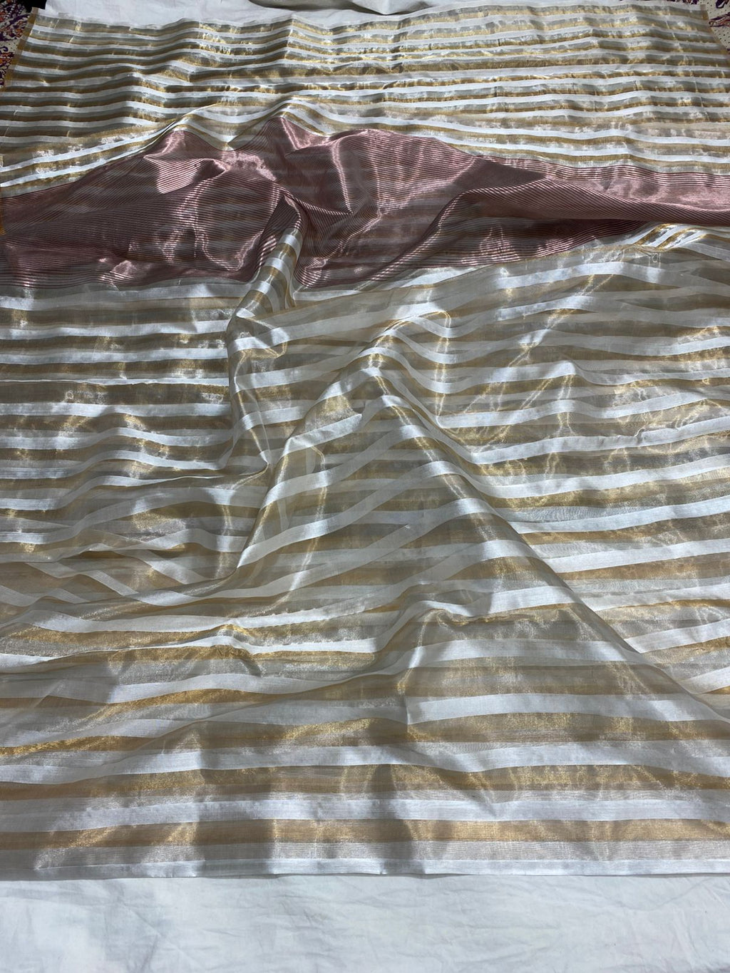 Off White Chanderi Handloom Pattu Silk Striped Saree