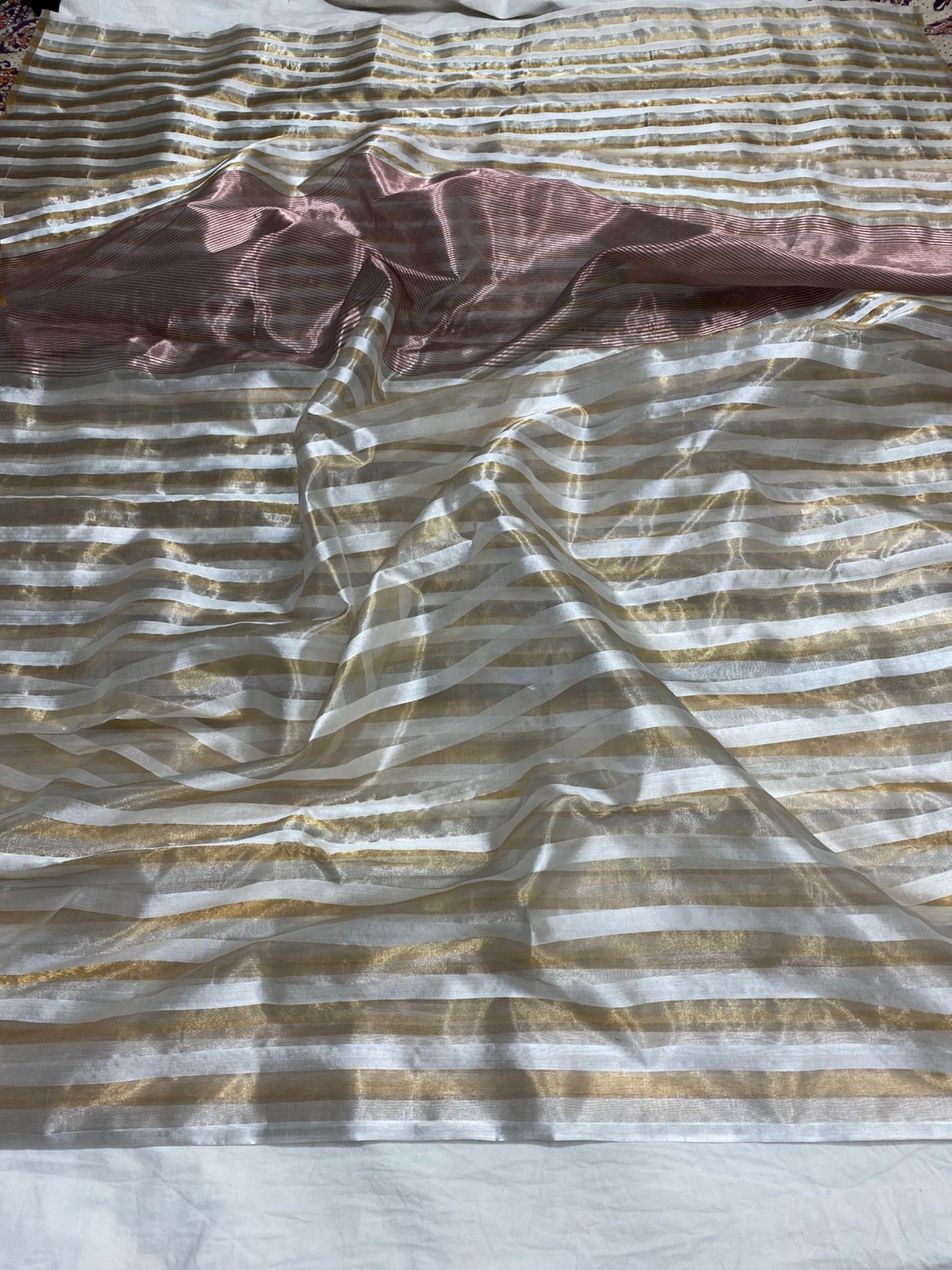 Off White Chanderi Handloom Pattu Silk Striped Saree