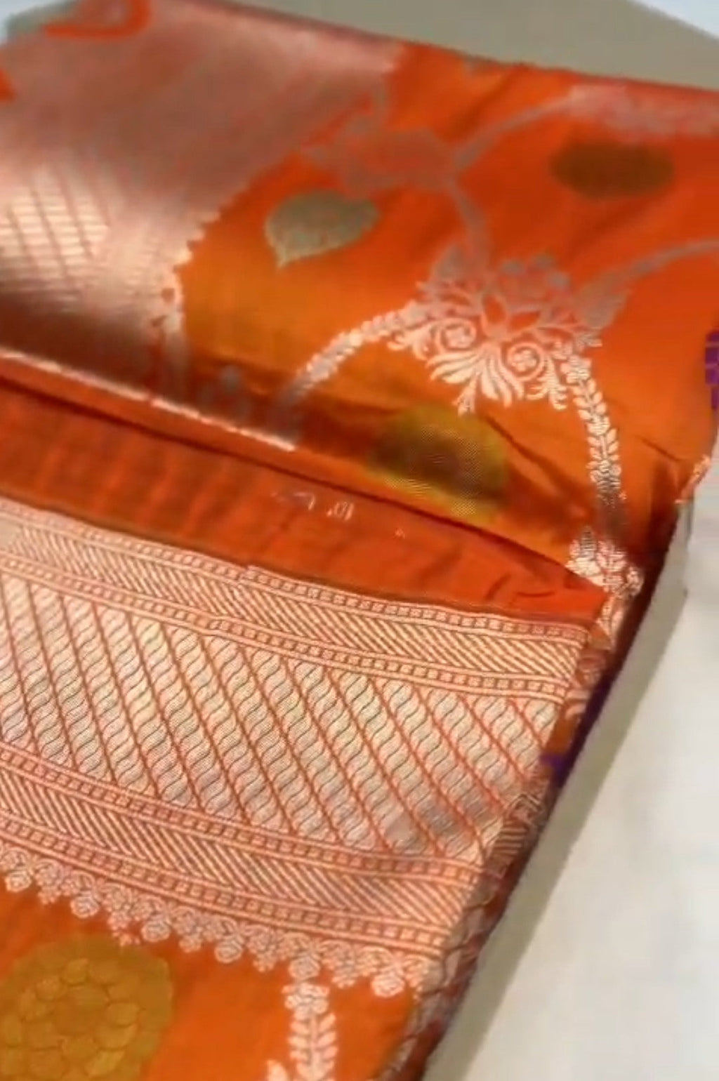 Orange Banarasi Handloom Katan Silk Meenakari Saree