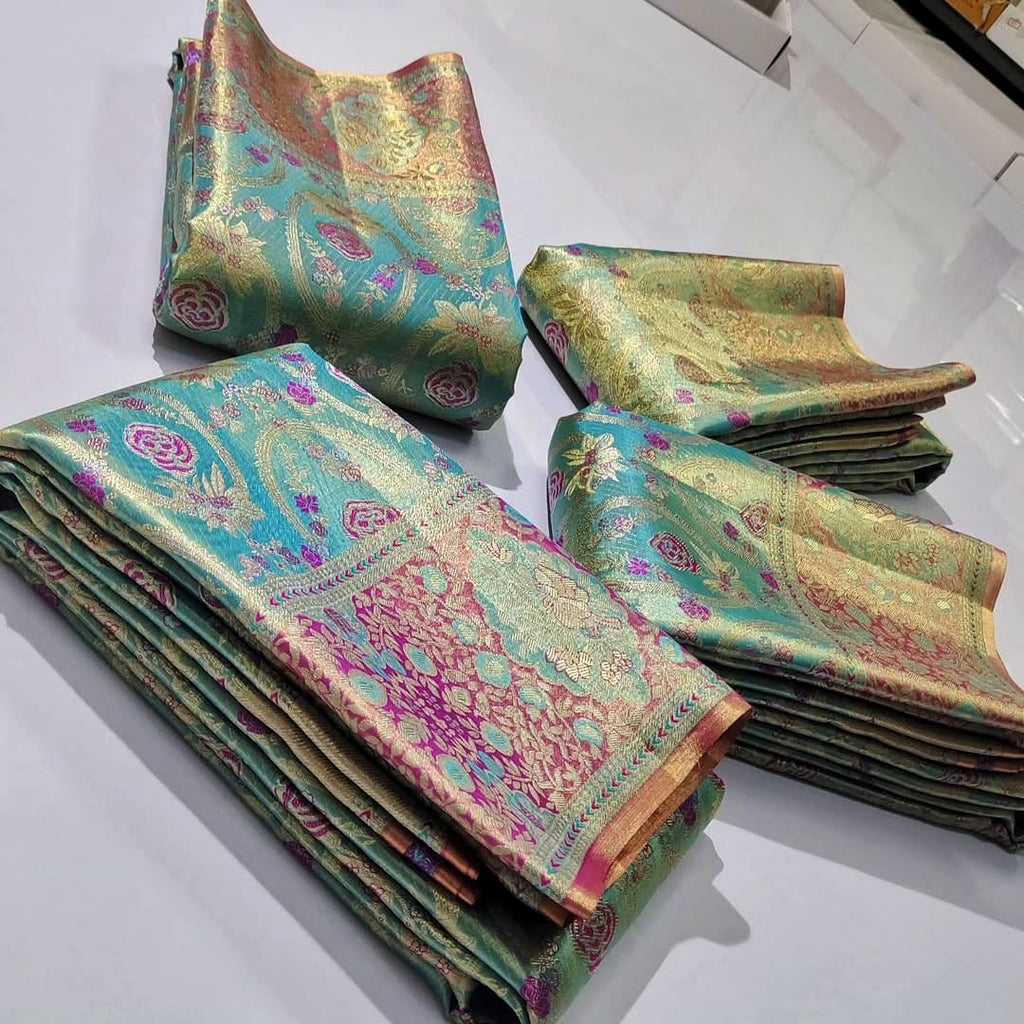 Turquoise Kanchipuram Handloom Tissue Brocade Meenakari Silk Saree
