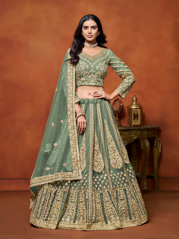 Pista Green Net Lehenga Choli with Thread & Sequins Work