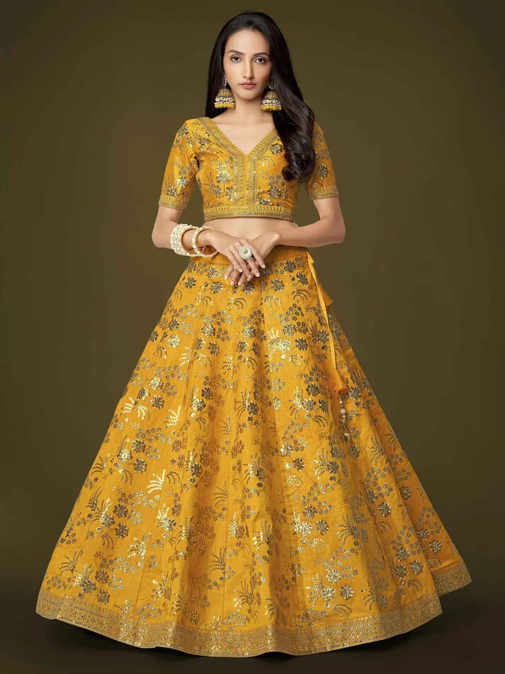 Yellow Silk Lehenga with Zari, Sequins & Dori Work