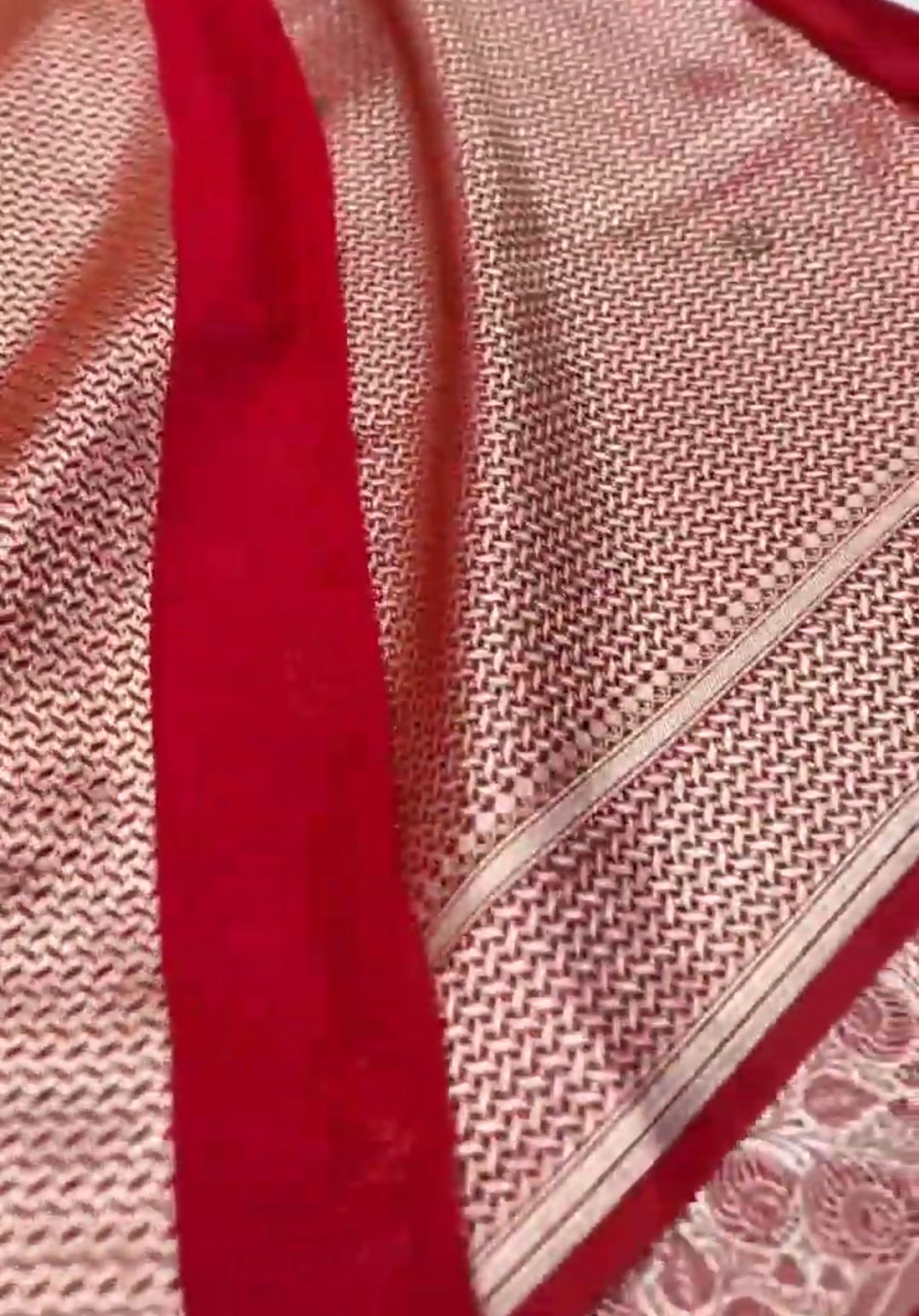 Red Banarasi Satin Katan Silk Swarovski Jangla Saree