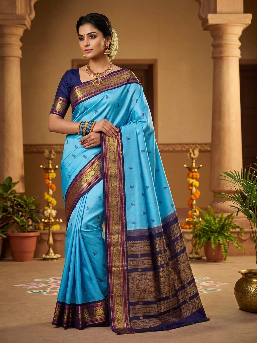 A elegant drape of a turquoise Kanchipuram Korvai silk saree showcasing the intricate interlocking border design and 3G gold zari details.