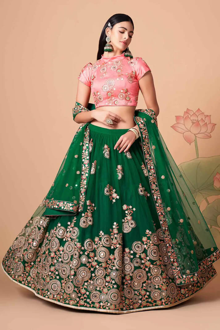 Green Net Lehenga with Zari, Sequins & Mirror Work
