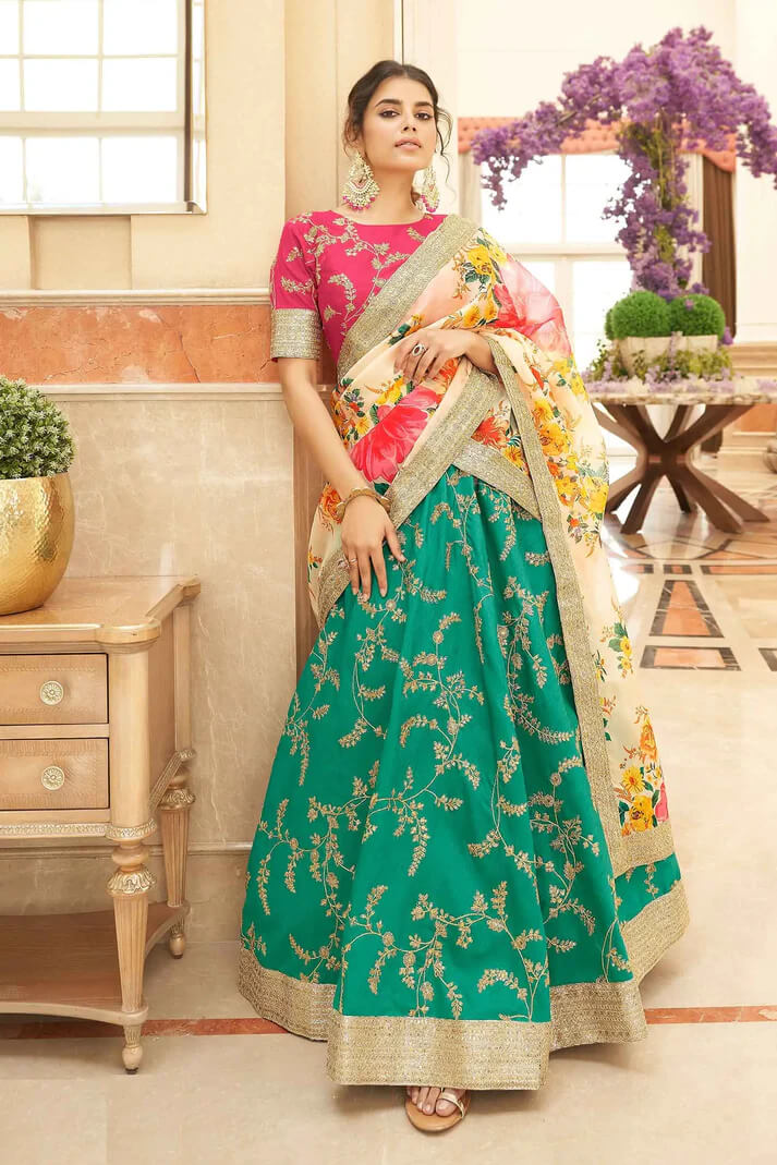 Green White Art Silk Lehenga with Zari & Sequins Work