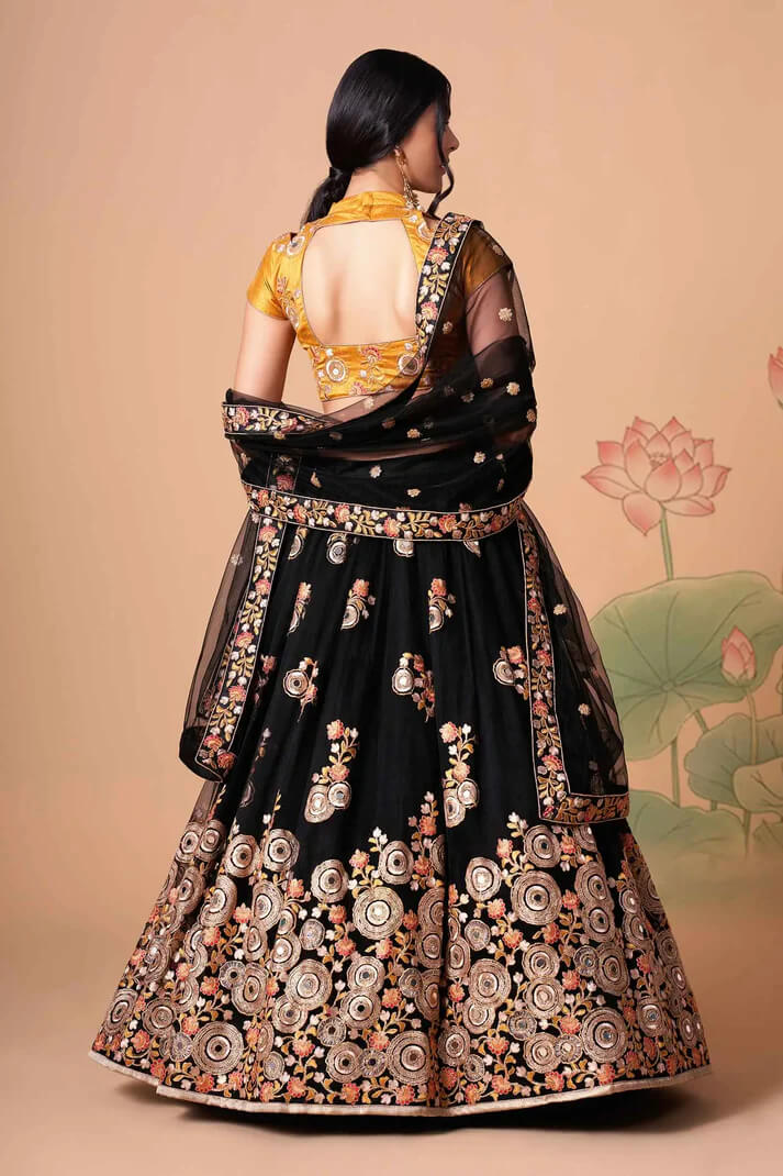 Black Net Lehenga with Zari, Sequins & Mirror Work