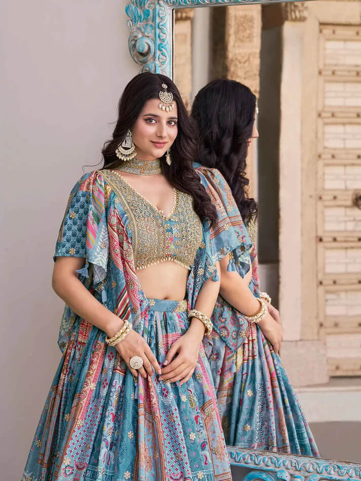 Sky Blue Printed Lehenga with Pearl Work Blouse