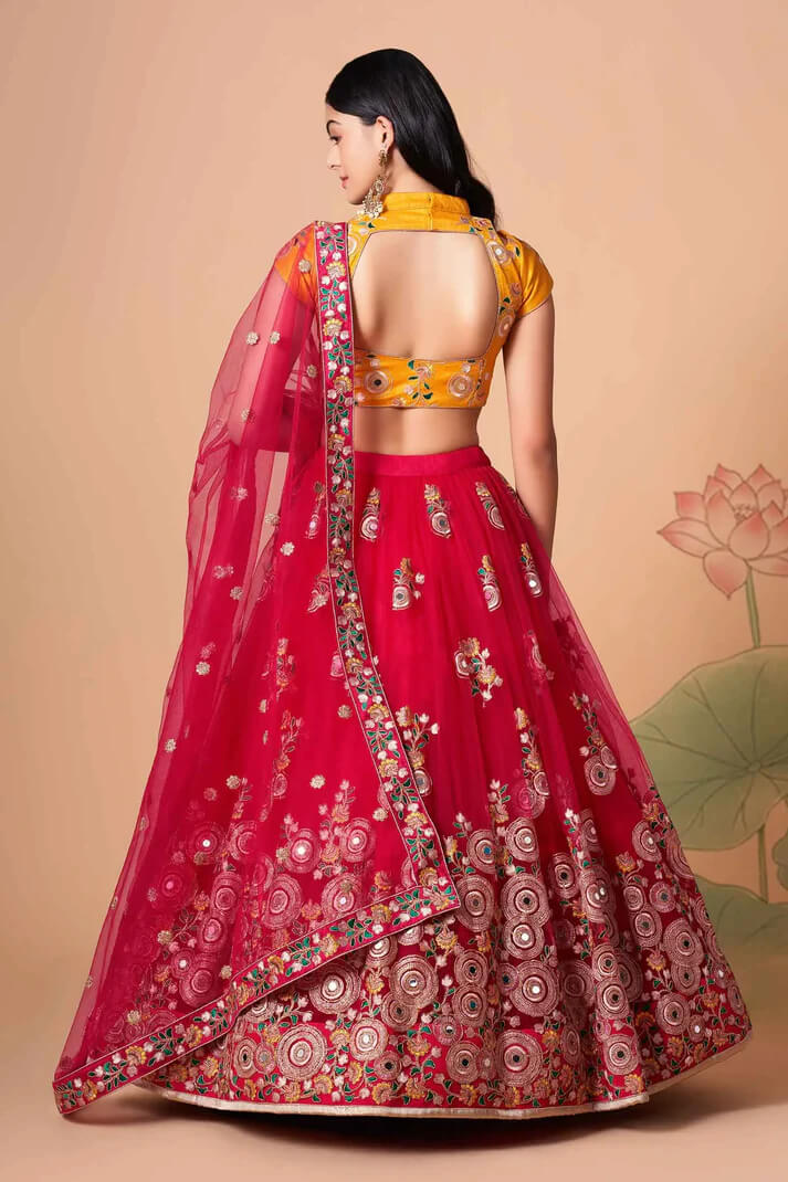 Red Net Lehenga with Zari, Sequins & Mirror Work