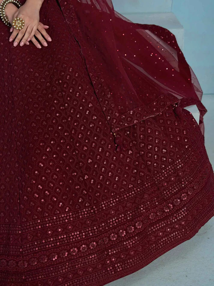 Maroon Designer Lehenga with Sequins & Dupatta