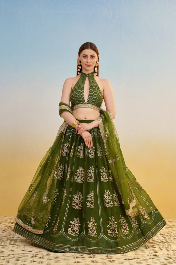 Olive Green Net Lehenga with Thread & Sequin Work