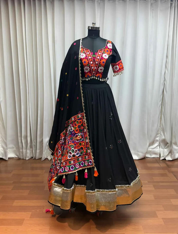 Designer Black Mirror & Thread Work Navratri Lehenga