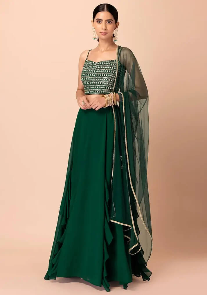 Green Georgette Fancy Lehenga with Sequins Work
