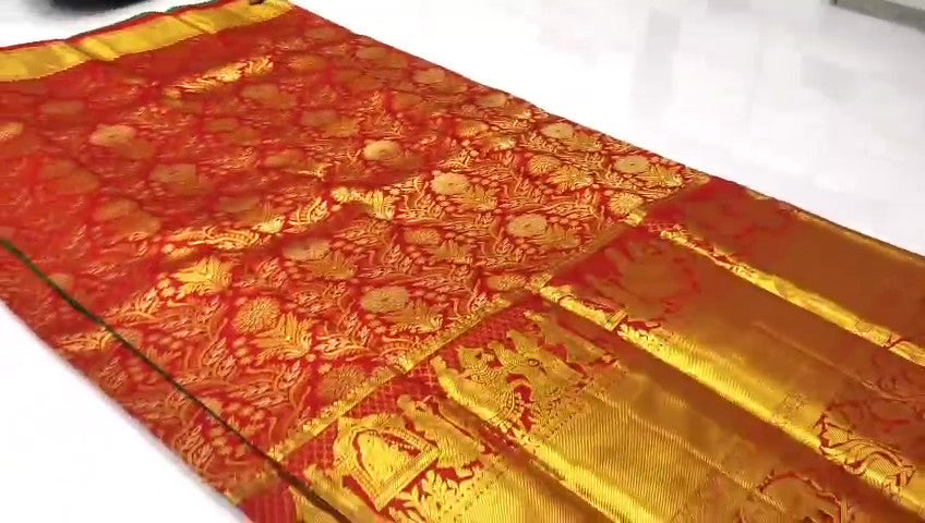 Red Kanchipuram Handloom Tissue Brocade Silk Bridal Saree