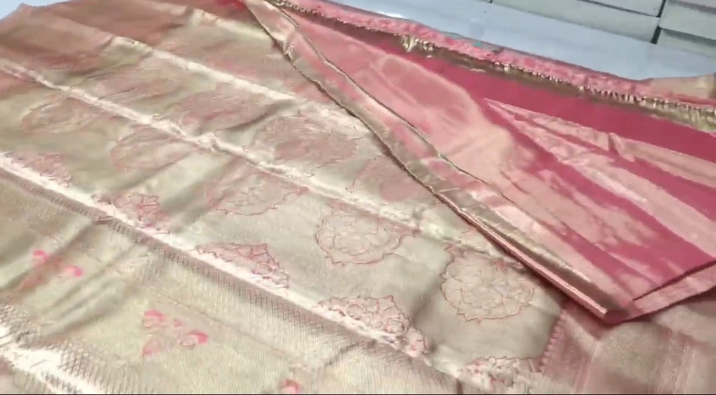 Peach Kanchipuram Handloom Tissue Brocade Silk Saree