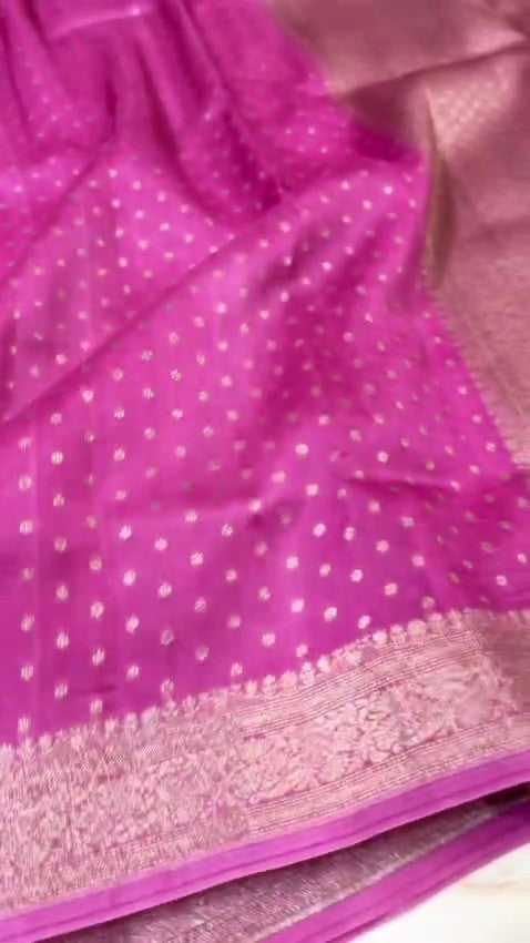 Hot Pink Banarasi Handloom Kora Organza Silk Saree