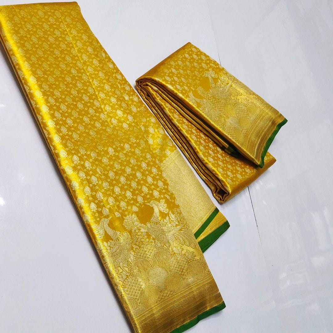 Gold Kanchipuram Handloom Meenakari Tissue Brocade Silk Saree