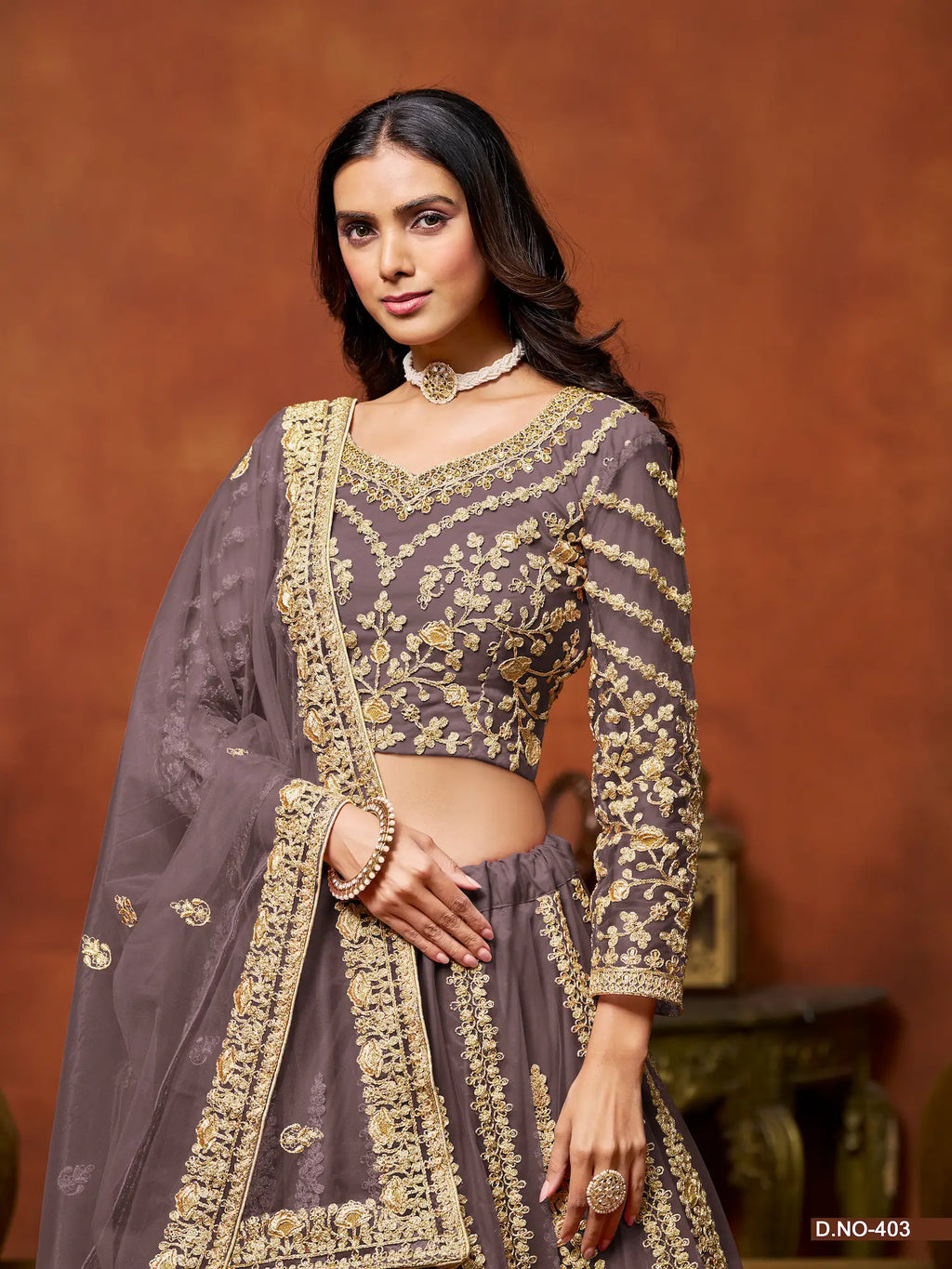 Dusty Gray Sequence Embroidered Net Lehenga Choli