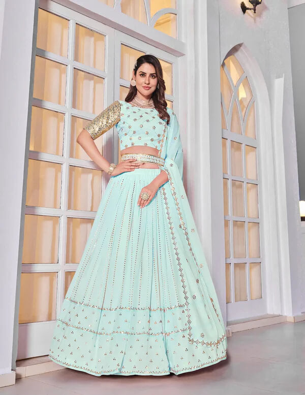 Festive Sky Blue Georgette Lehenga with Detailed Embroidery