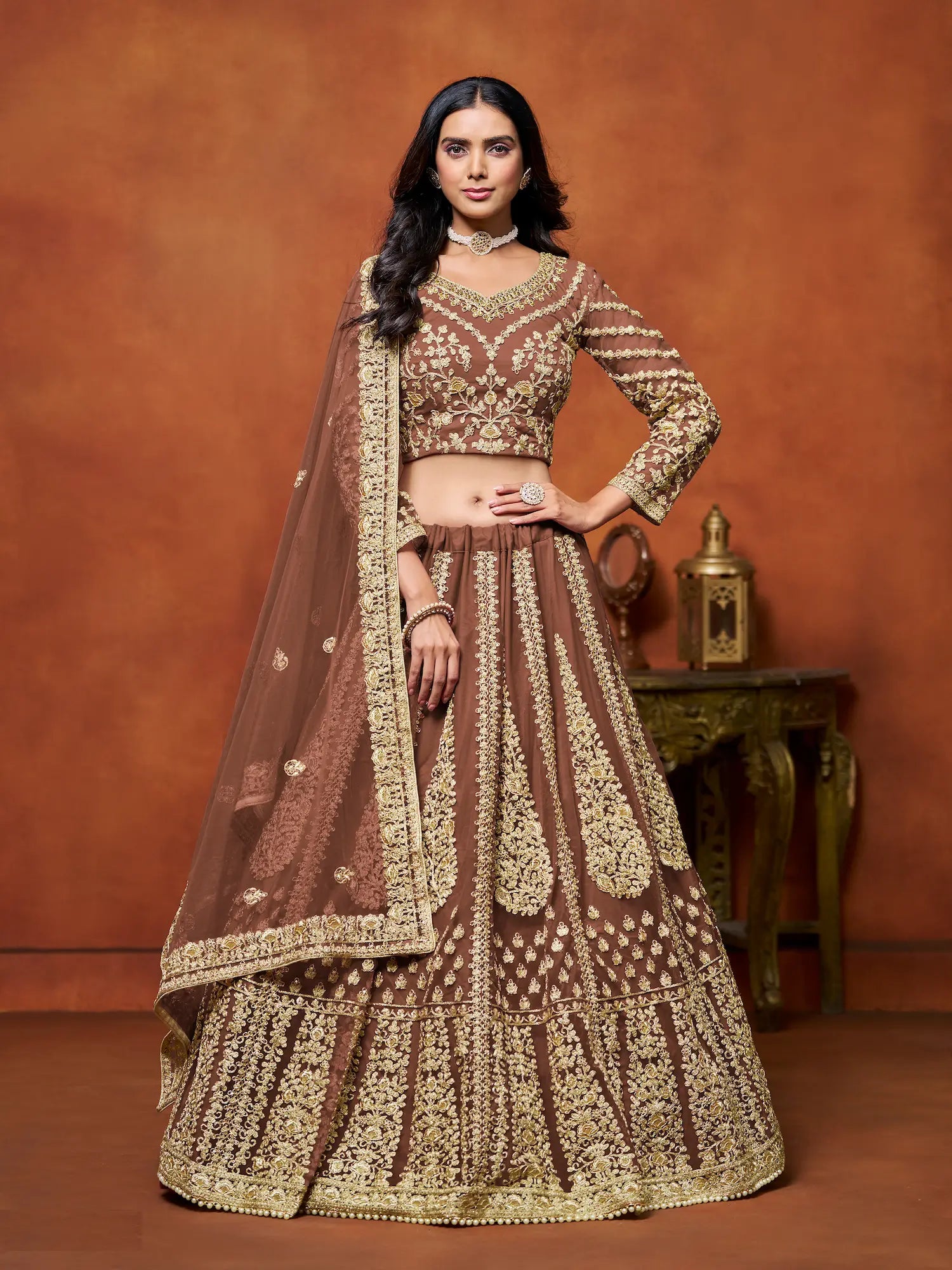 Rust Brown Sequence Embroidered Net Lehenga Choli