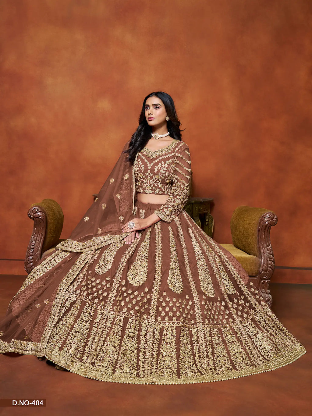 Rust Brown Sequence Embroidered Net Lehenga Choli