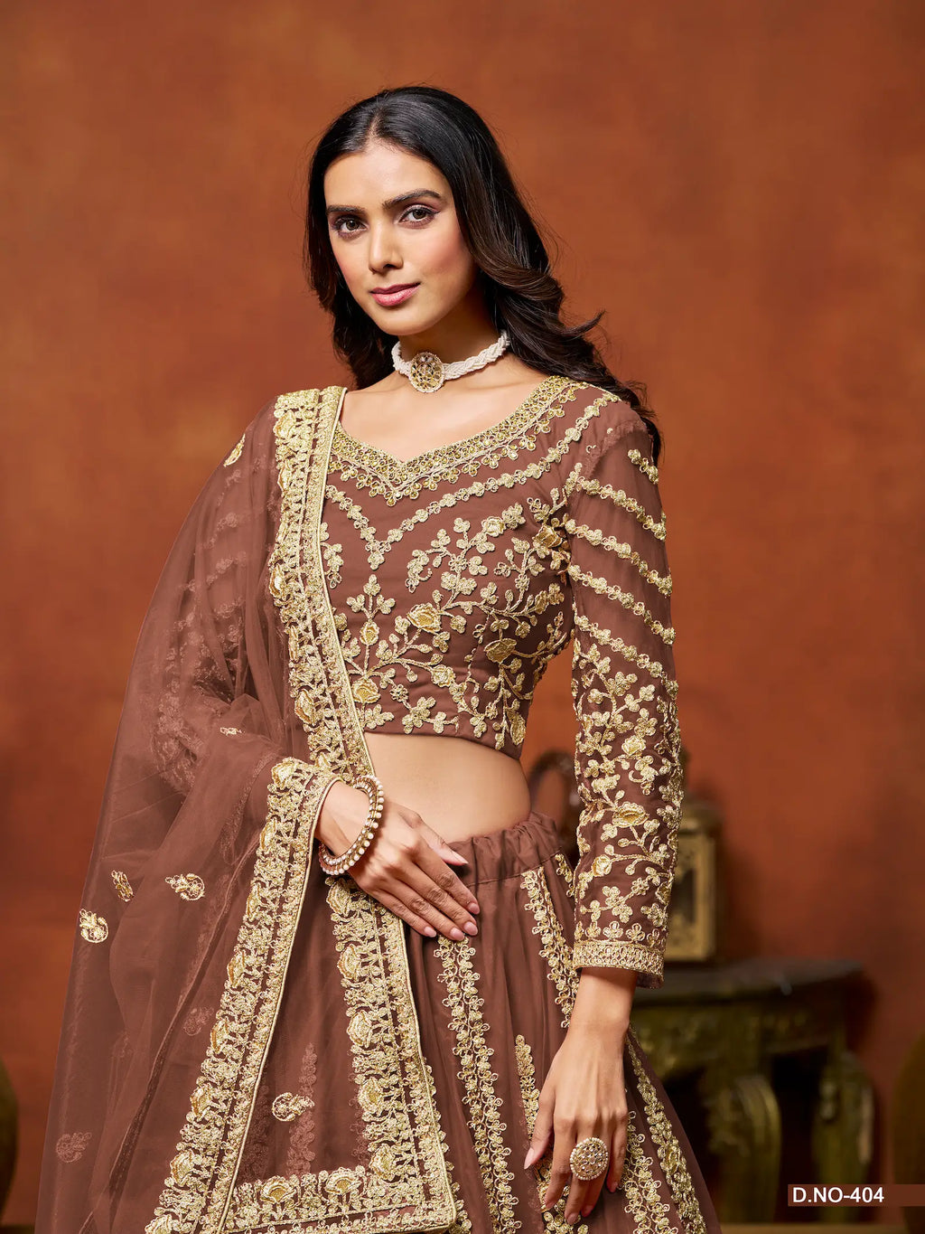 Rust Brown Sequence Embroidered Net Lehenga Choli