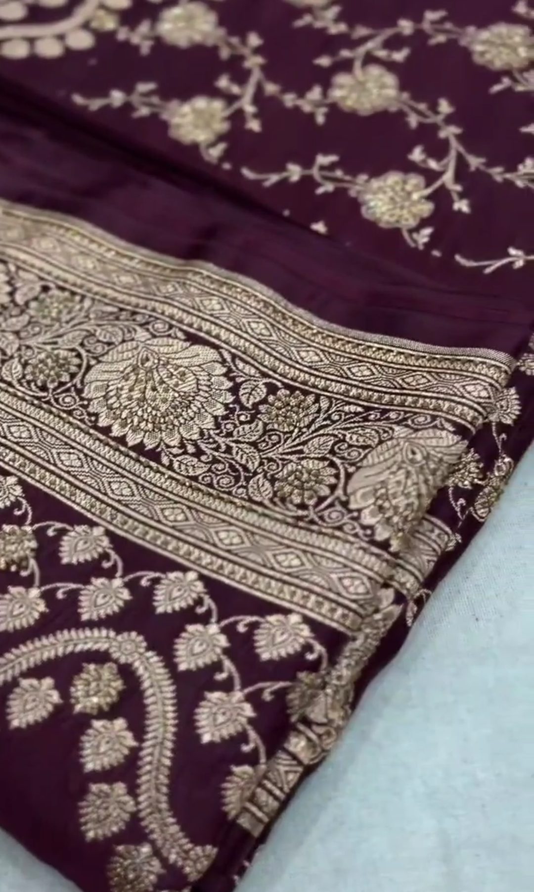 Wine Banarasi Satin Katan Silk Swarovski Jangla Saree
