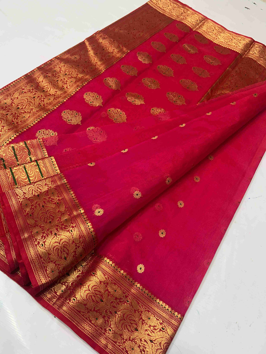 Red Chanderi Handloom Katan Silk Meenakari Saree