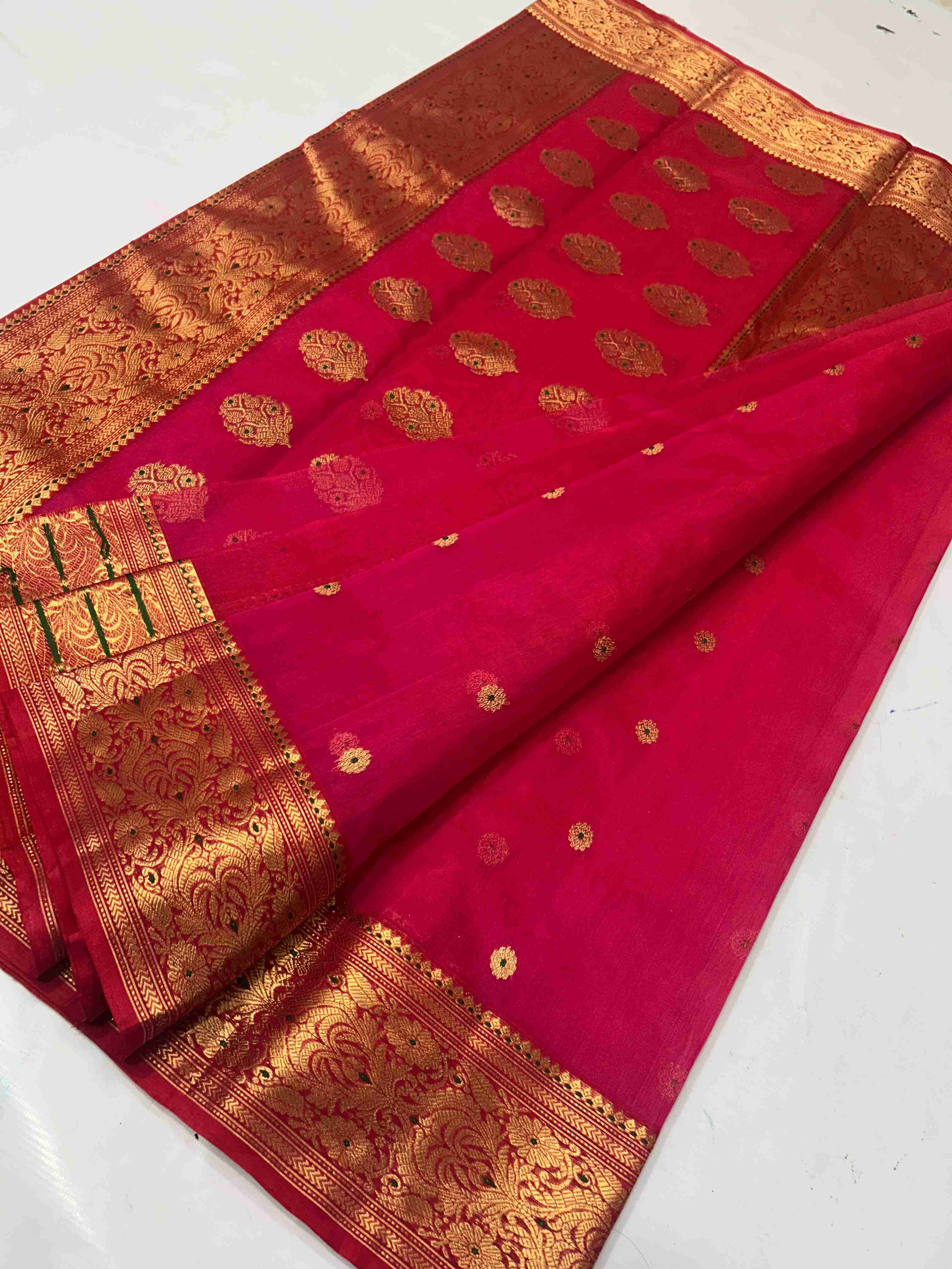 Red Chanderi Handloom Katan Silk Meenakari Saree