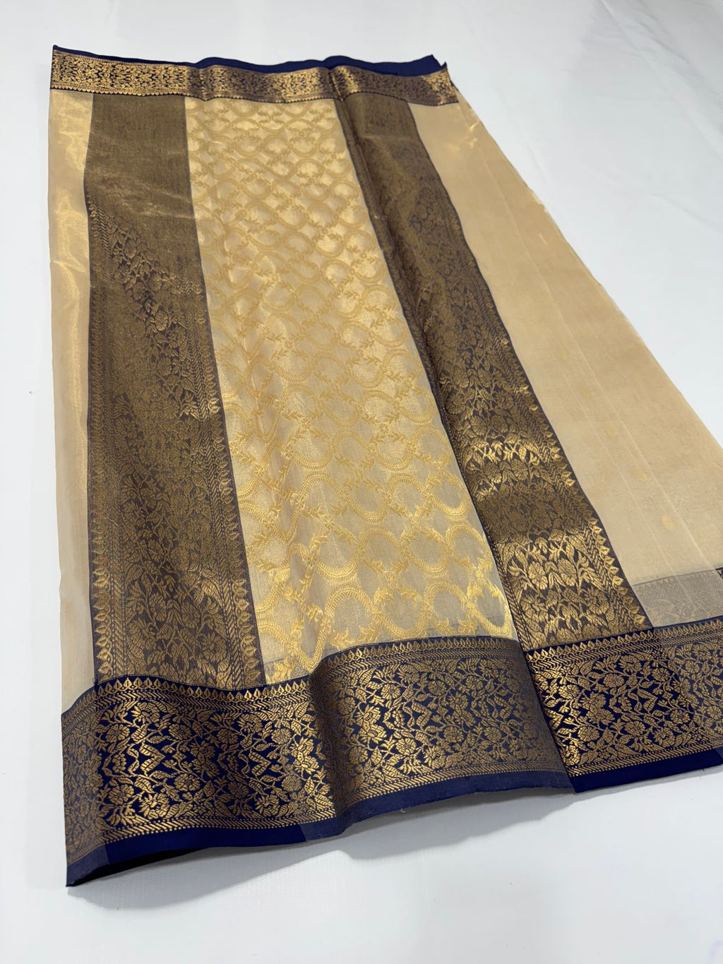 Beige Chanderi Handloom Katan Tissue Silk Saree