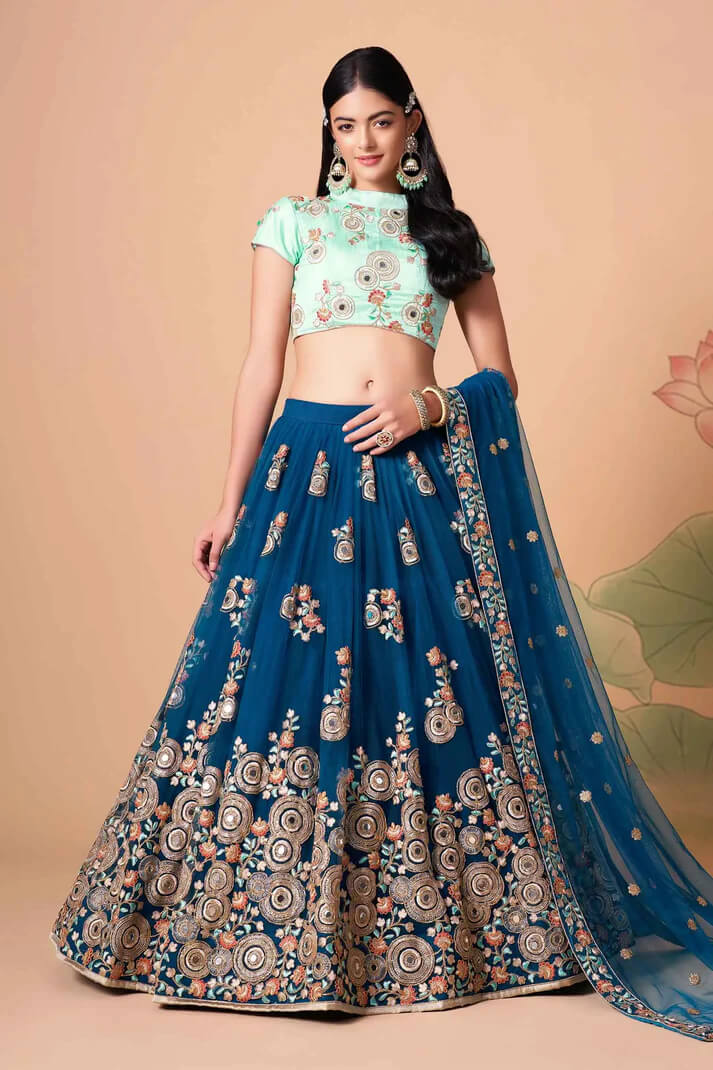 Dove Blue Net Lehenga with Zari, Sequins & Mirror Work