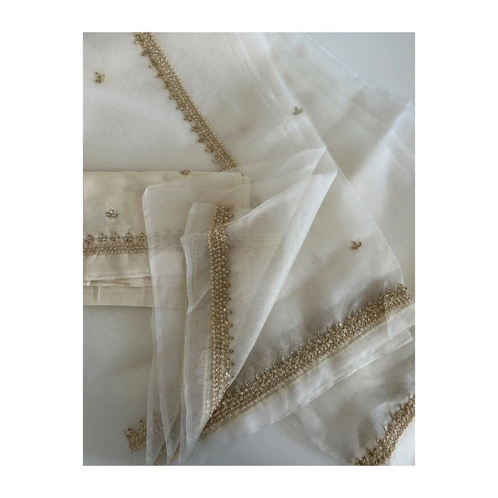 Pearl White Hand Embroidered Organza Silk Saree