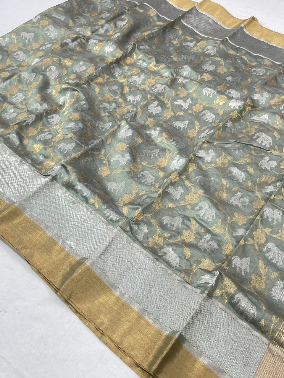 Sage Green Chanderi Handloom Pattu Silk Shikargah Handwork Saree