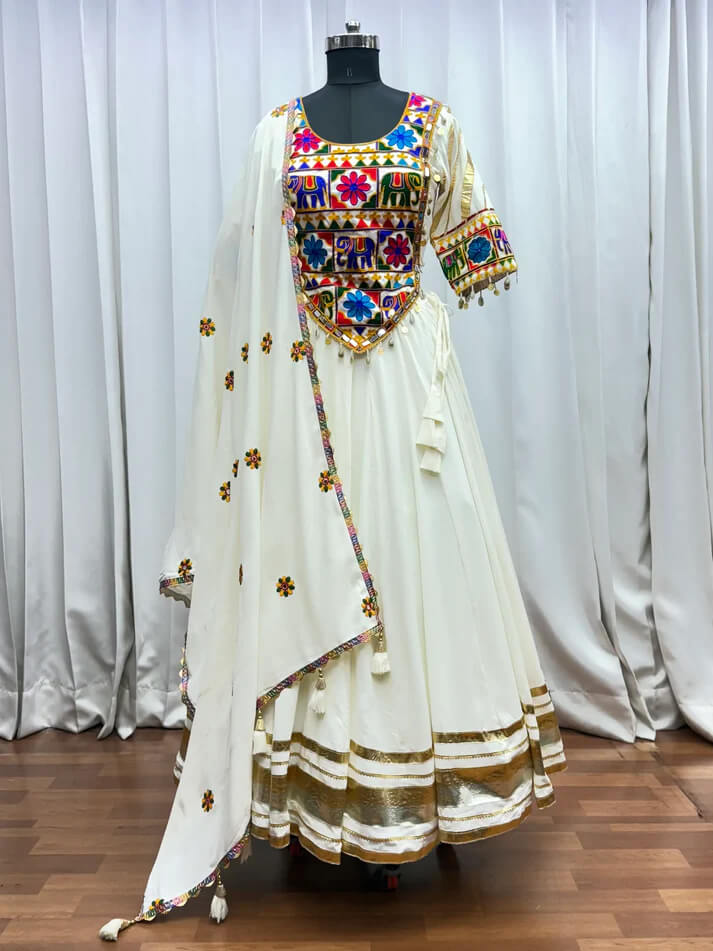 White Kutchi Mirror Kodi Work Navratri Lehenga Choli