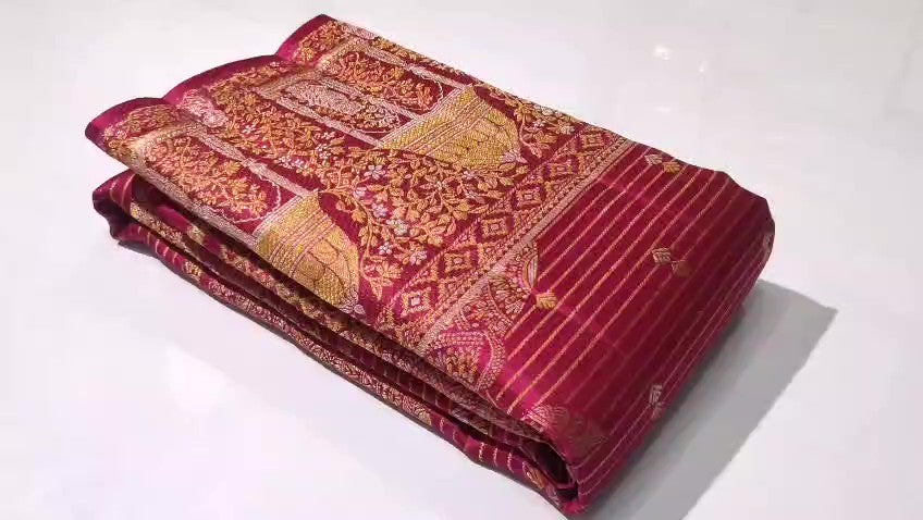 Mørkelyserød Kanchipuram håndvævet vævsbrokade Meenakari silkesari