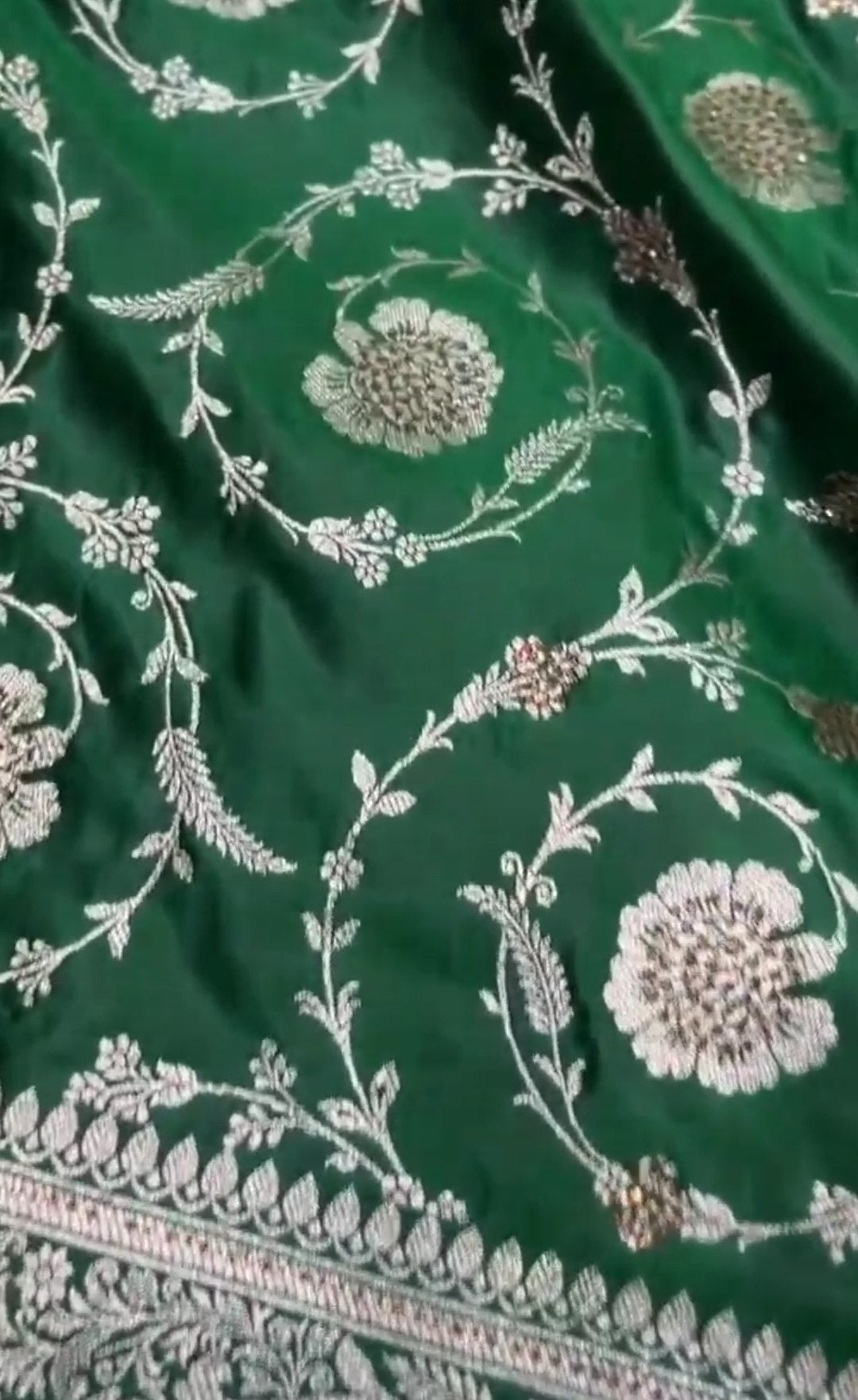 Green Banarasi Satin Katan Silk Swarovski Jangla Saree
