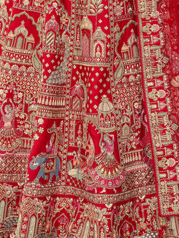 Designer Scarlet Red Wedding Lehenga with Dual Dupatta