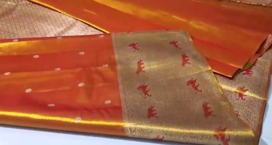 Orange Kanchipuram Handloom Tissue Brocade Silk Meenakari Saree