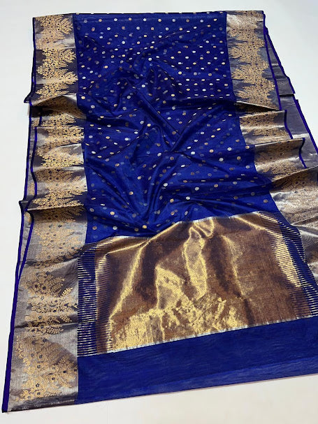 Midnight Blue Chanderi Handloom Katan Silk Meenakari Saree