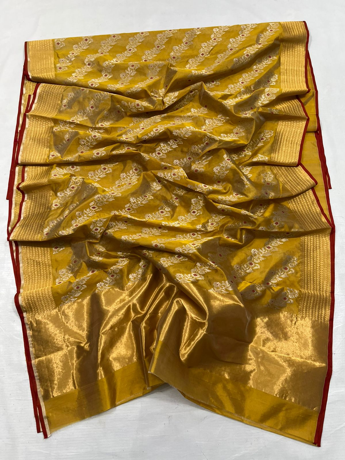 Turmeric Yellow Chanderi Handloom Pattu Silk Meenakari Handwork Saree