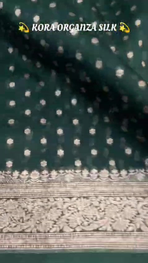 Dark Green Banarasi Handloom Kora Organza Silk Saree
