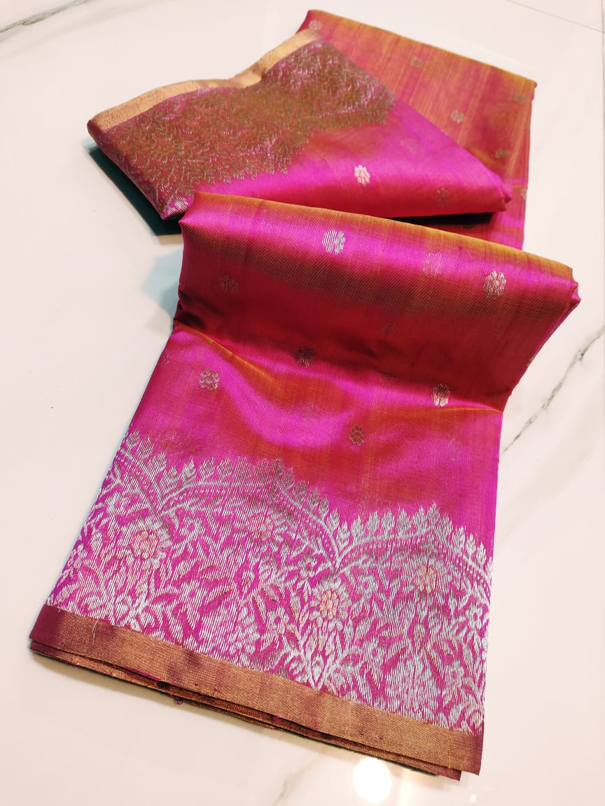 Hot Pink Chanderi Handloom Pattu Silk Meenakari Handwork Saree