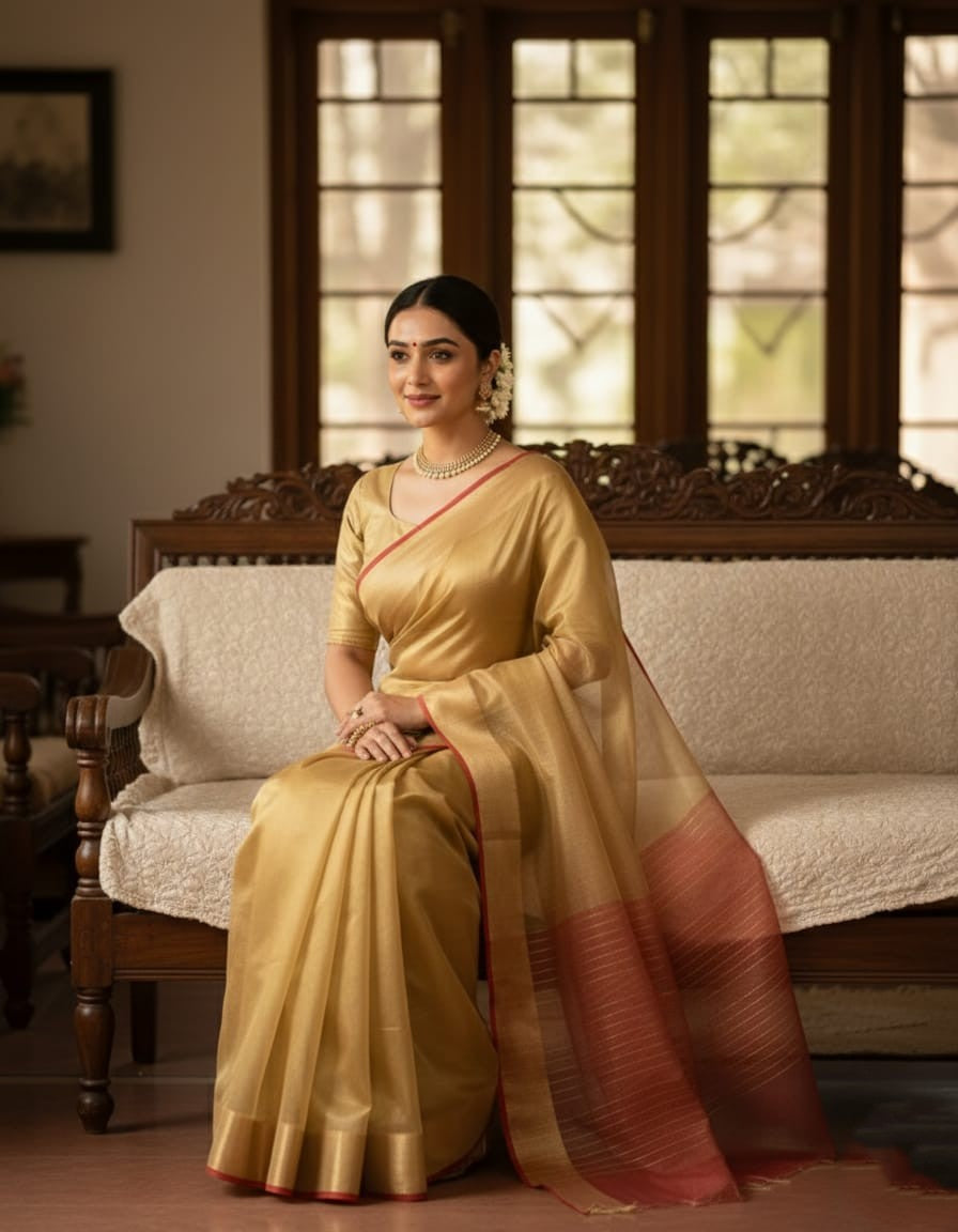Guld Chanderi Handloom Tissue Silke Saree
