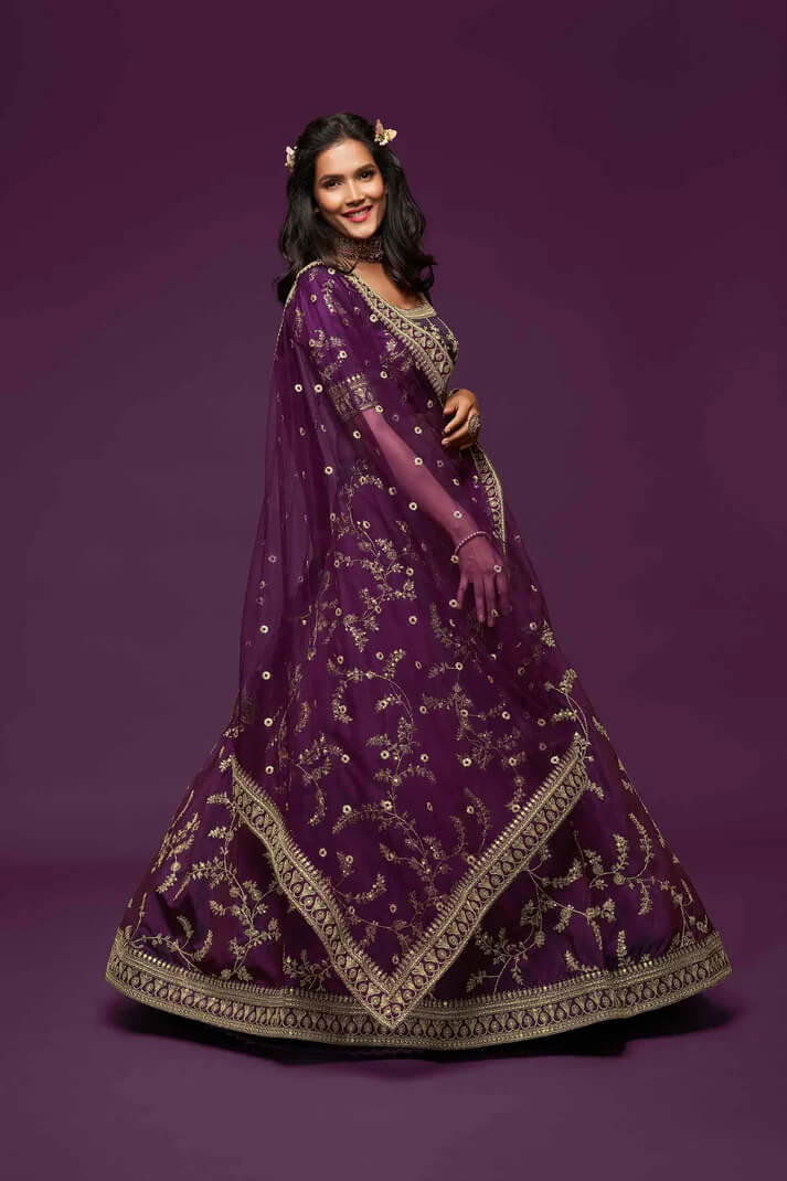 Wine Silk Lehenga with Thread, Zari & Sequins Work