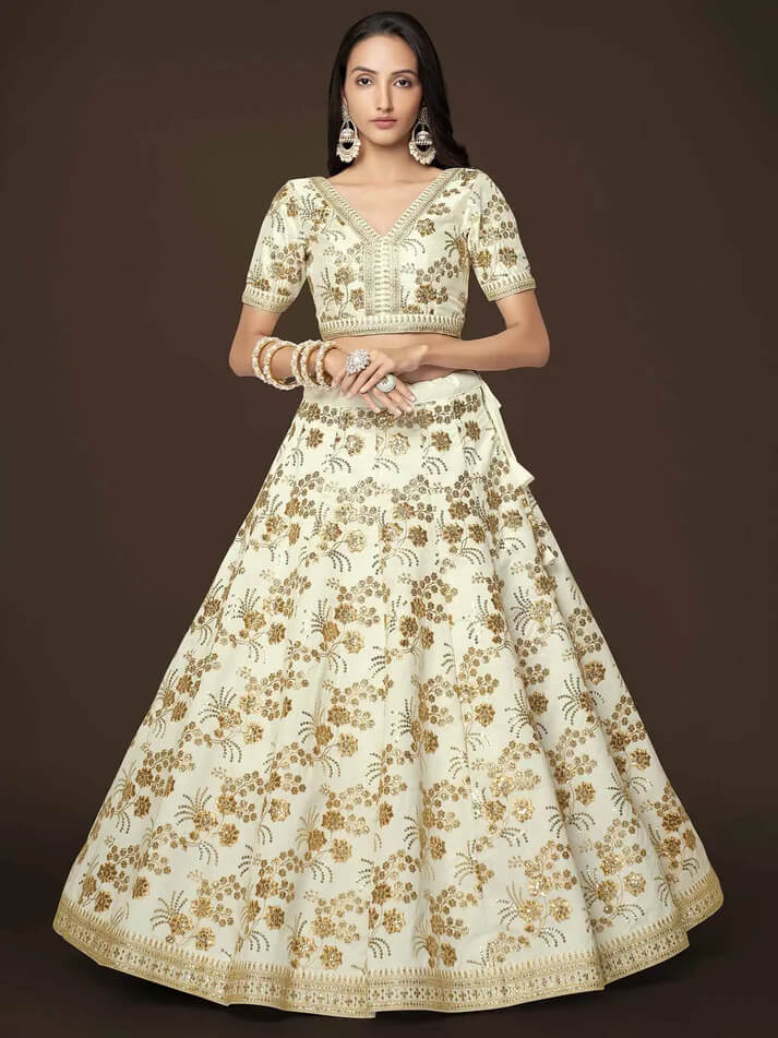 White Silk Lehenga with Zari, Sequins & Dori Work
