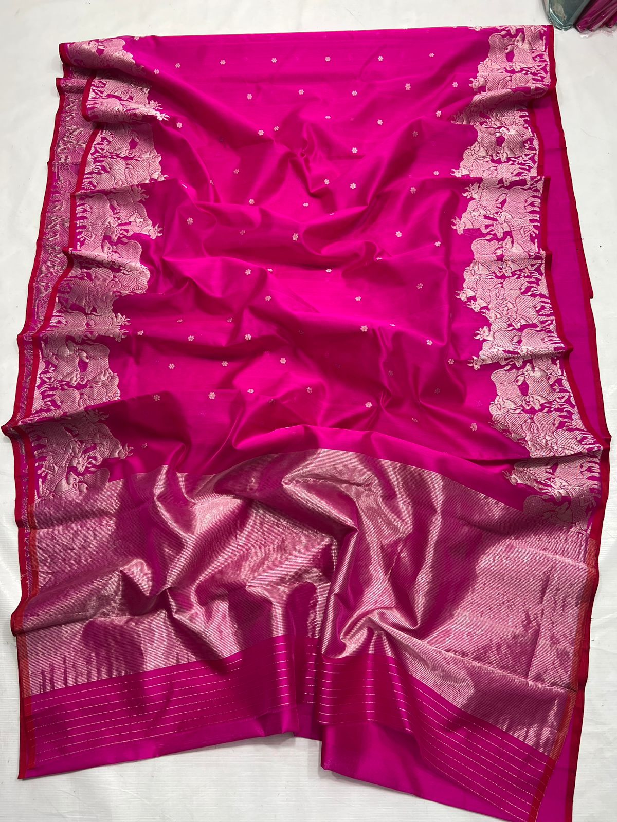 Hot Pink Chanderi Handloom Pattu Silk Handwork Saree