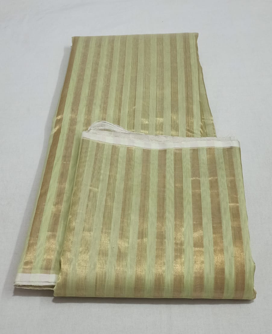 Pastel Lime Green Chanderi Handloom Cotton Silk Striped Saree