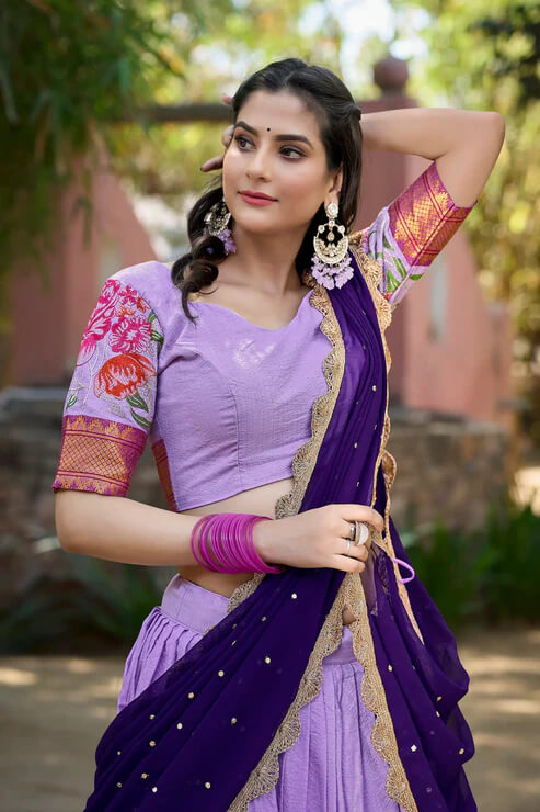 Lavender Cotton Silk Bridal Lehenga Choli with Embroidery