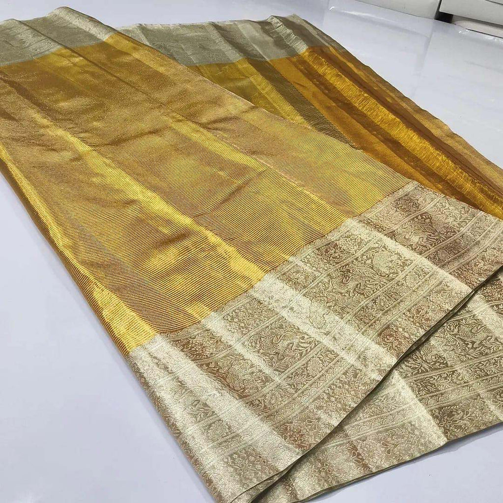 Ivory & Gold Kanchipuram Handloom Tissue Brocade Silk Meenakari Saree