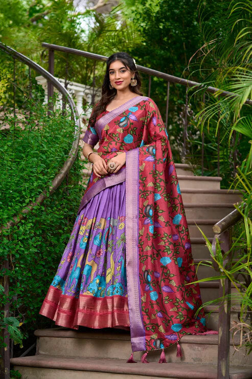 Lavender Silk Lehenga with Traditional Kalamkari Prints and Zari Weaving